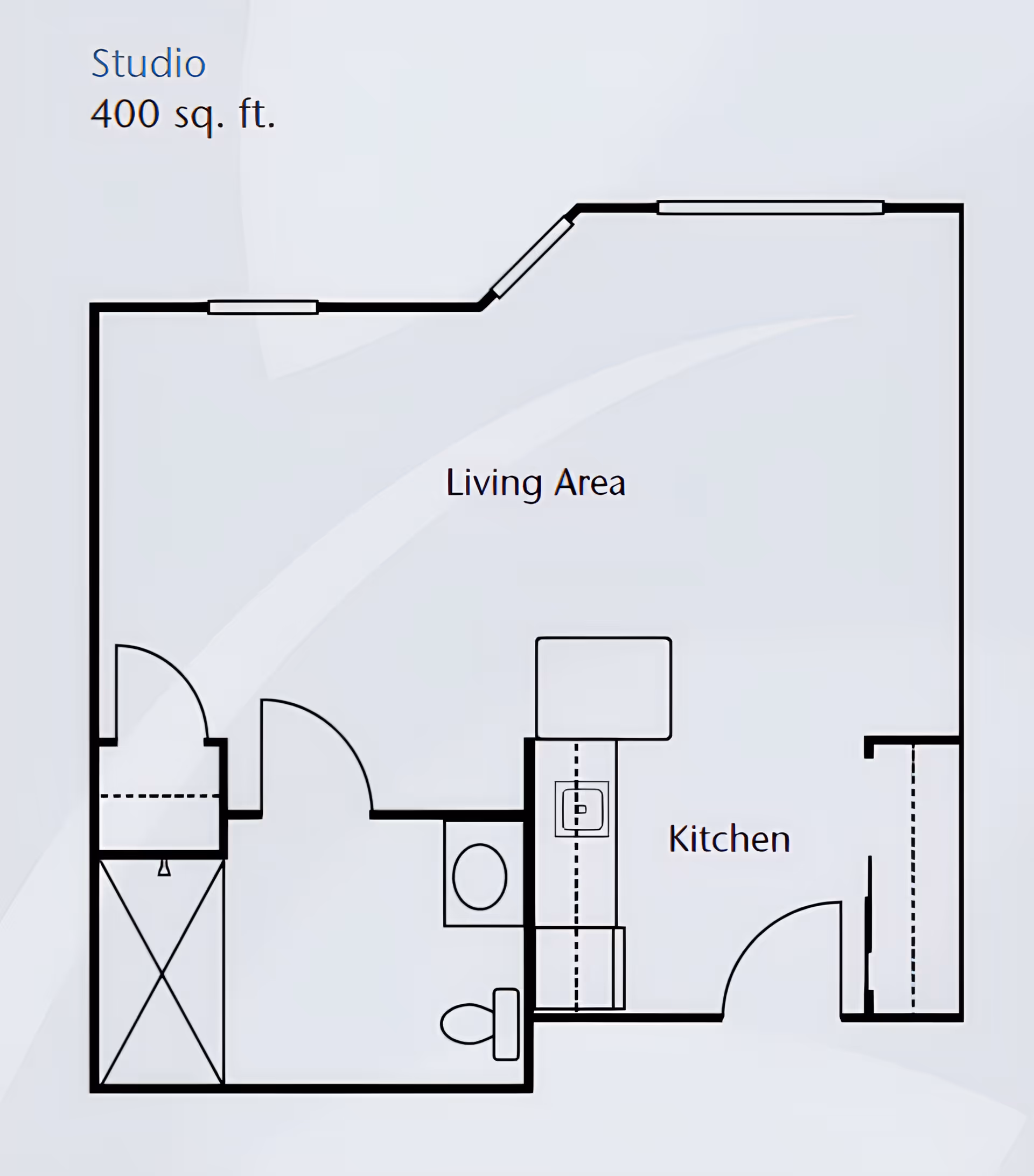 Floor plan of a 400 sq. ft. studio apartment showing a living area, kitchen, and bathroom layout.