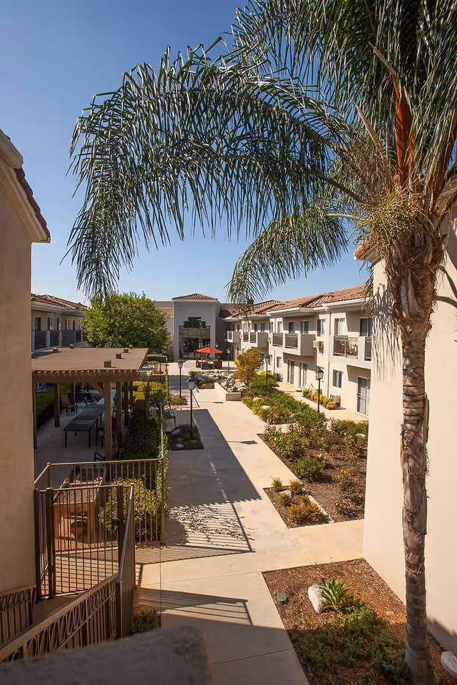 Outdoor courtyard area of Walnut Valley Senior Living facility with a paved walkway, landscaped garden beds, palm trees, and a shaded seating area under a pergola. The building has two stories with balconies and windows overlooking the courtyard under a clear blue sky.