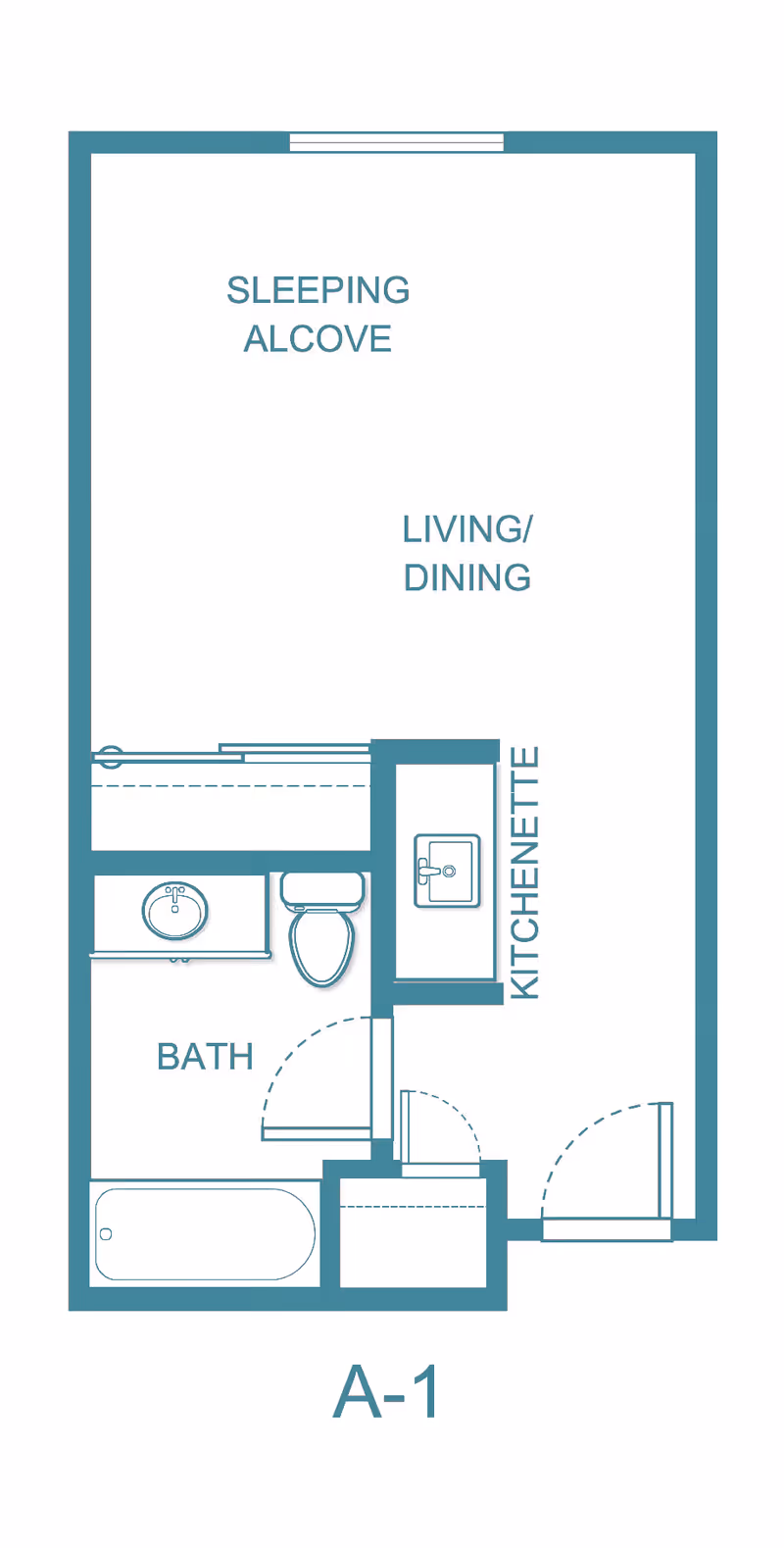 Floor plan layout labeled A-1 showing a sleeping alcove, living/dining area, kitchenette, and a bath with a sink, toilet, and bathtub.
