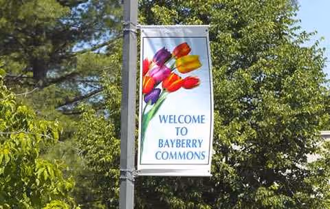 Bayberry Commons welcome banner on a lamppost with colorful flowers and trees.