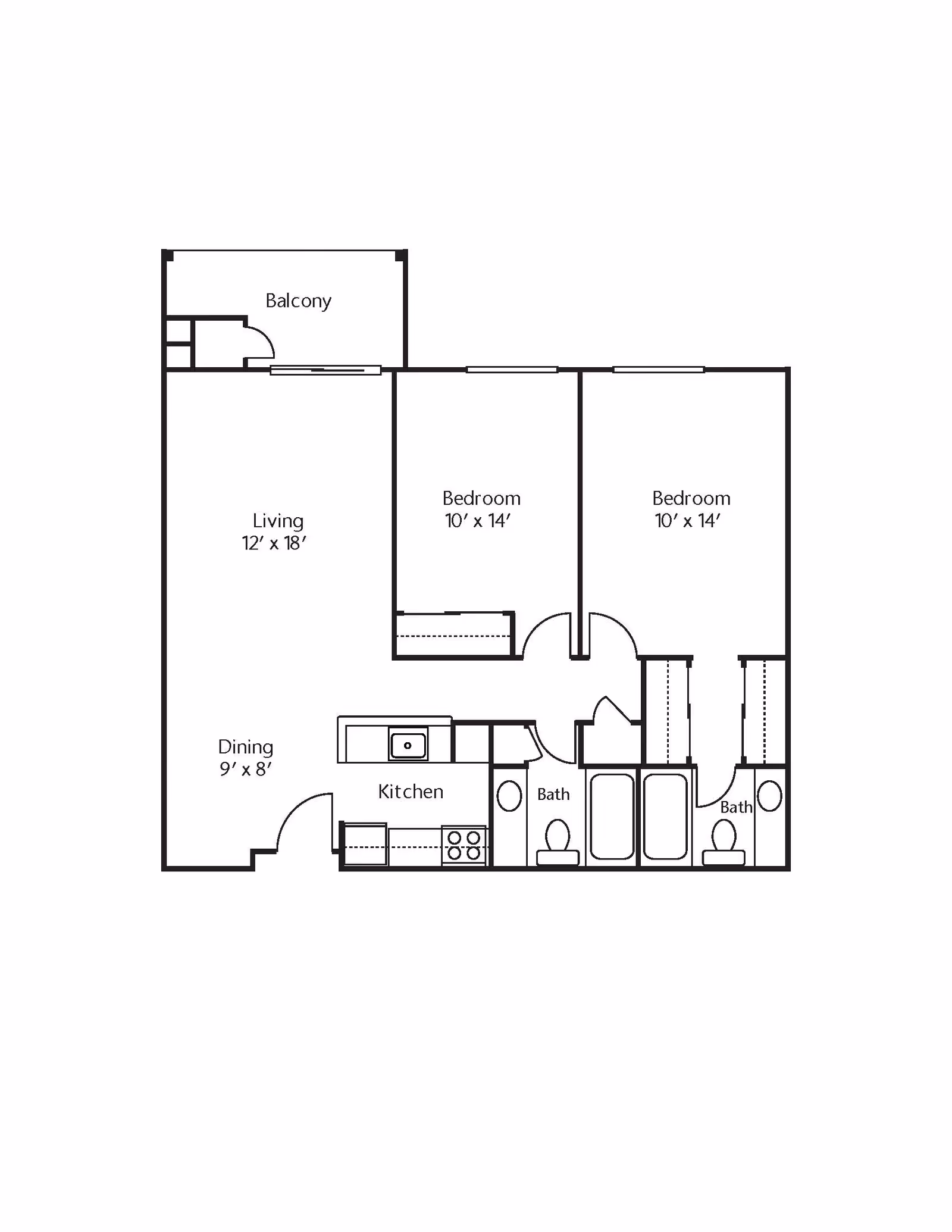 Floor plan of an apartment with two bedrooms, two bathrooms, a kitchen, dining area, living room, and a balcony. The living room measures 12 by 18 feet, the dining area 9 by 8 feet, and both bedrooms 10 by 14 feet each. The kitchen is adjacent to the dining area, and the bathrooms are located near the bedrooms.