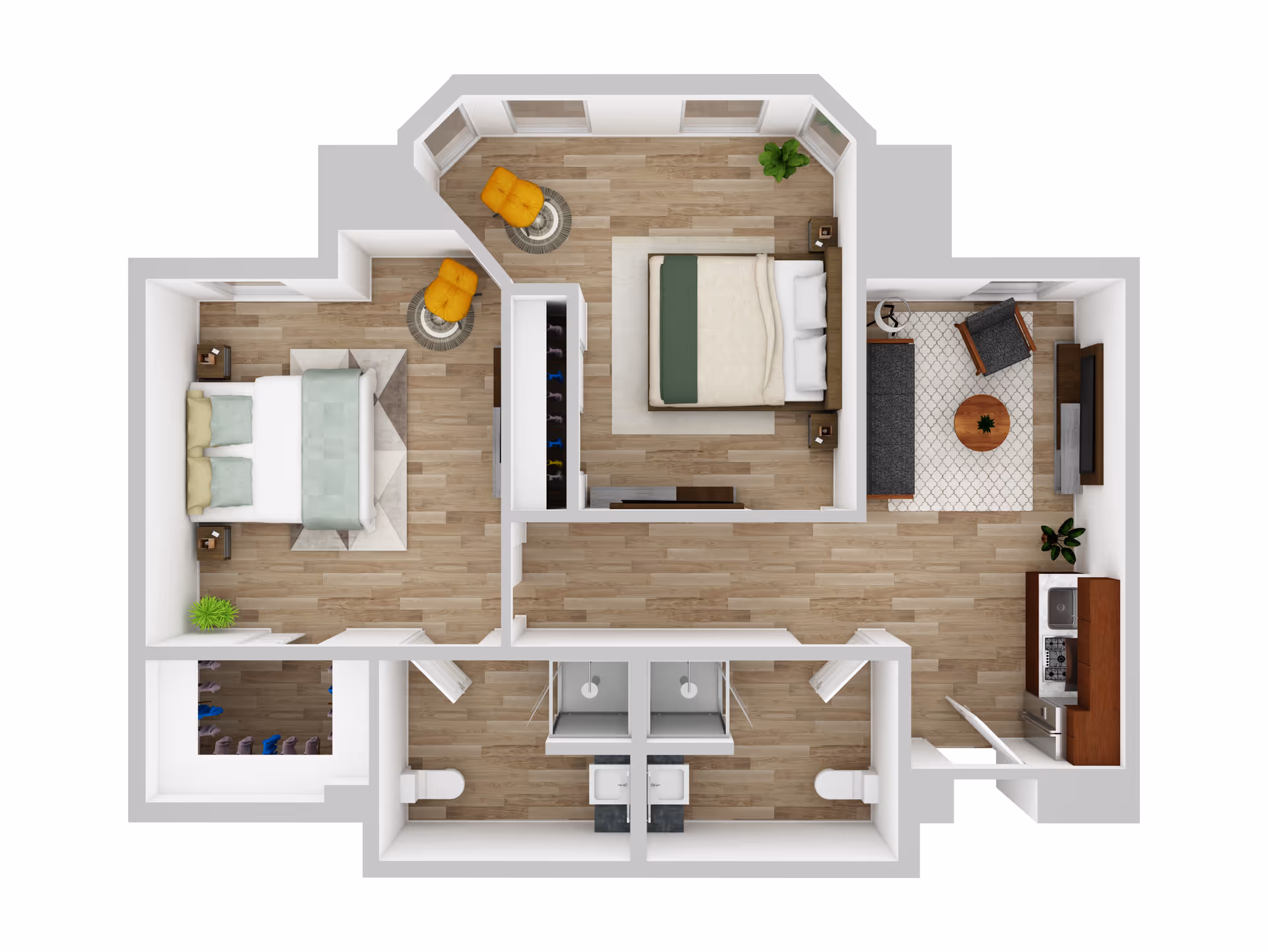 Top-down view of a two-bedroom apartment floor plan featuring two bedrooms, a living room with seating and a TV, a kitchen with appliances, and two bathrooms with sinks and toilets. The bedrooms have beds, nightstands, and chairs, with wood flooring throughout.