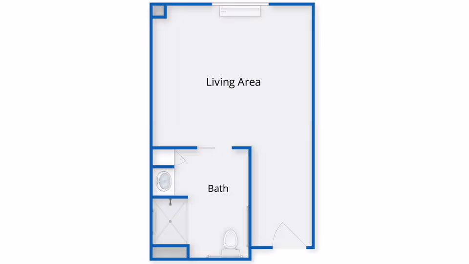 Floor plan layout showing a living area and a bathroom with a sink, shower, and toilet.