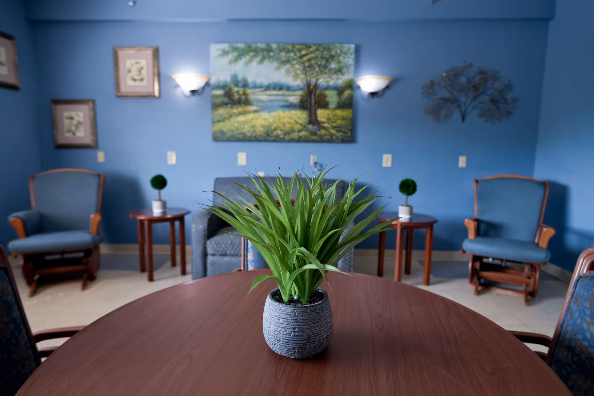 A cozy sitting area with blue walls featuring framed artwork and wall sconces. There are two blue upholstered armchairs with wooden armrests, a gray patterned loveseat, and two small wooden side tables each holding a small potted plant. In the foreground, a round wooden table holds a larger potted green plant.