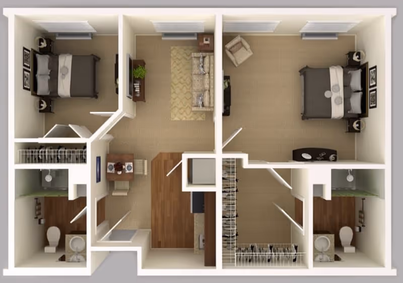 Top-down 3D floor plan of a two-bedroom apartment showing a central living area, kitchen/dining, two bedrooms, two bathrooms and closets.