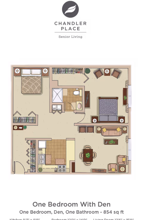 Floor plan of a senior living apartment at Chandler Place showing one bedroom with a den, one bathroom, kitchen, dining area, living room, and closets. The layout includes a bedroom with a bed and nightstands, a bathroom with a shower, toilet, and sink, a kitchen with appliances and counter space, a dining table with chairs, and a living room with sofa, chairs, and a TV.