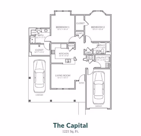 Architectural floor plan of a residence named The Capital with 1221 square feet. The layout includes two bedrooms, two bathrooms, a kitchen, a living room, a utility room, a garage, and a carport. Each room is labeled with dimensions and features such as closets, pantry, linen storage, and entry points are indicated.