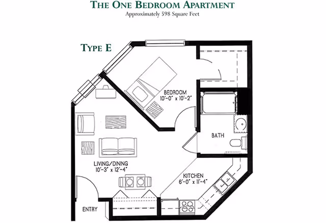 Floor plan of a one-bedroom apartment approximately 598 square feet, labeled Type E. The layout includes a bedroom measuring 10 feet by 10 feet 2 inches, a combined living and dining area measuring 10 feet 3 inches by 12 feet 4 inches, a kitchen measuring 6 feet by 11 feet 4 inches, a bathroom, and an entry area. Furniture such as a bed, sofa, chairs, dining table, and kitchen appliances are illustrated.
