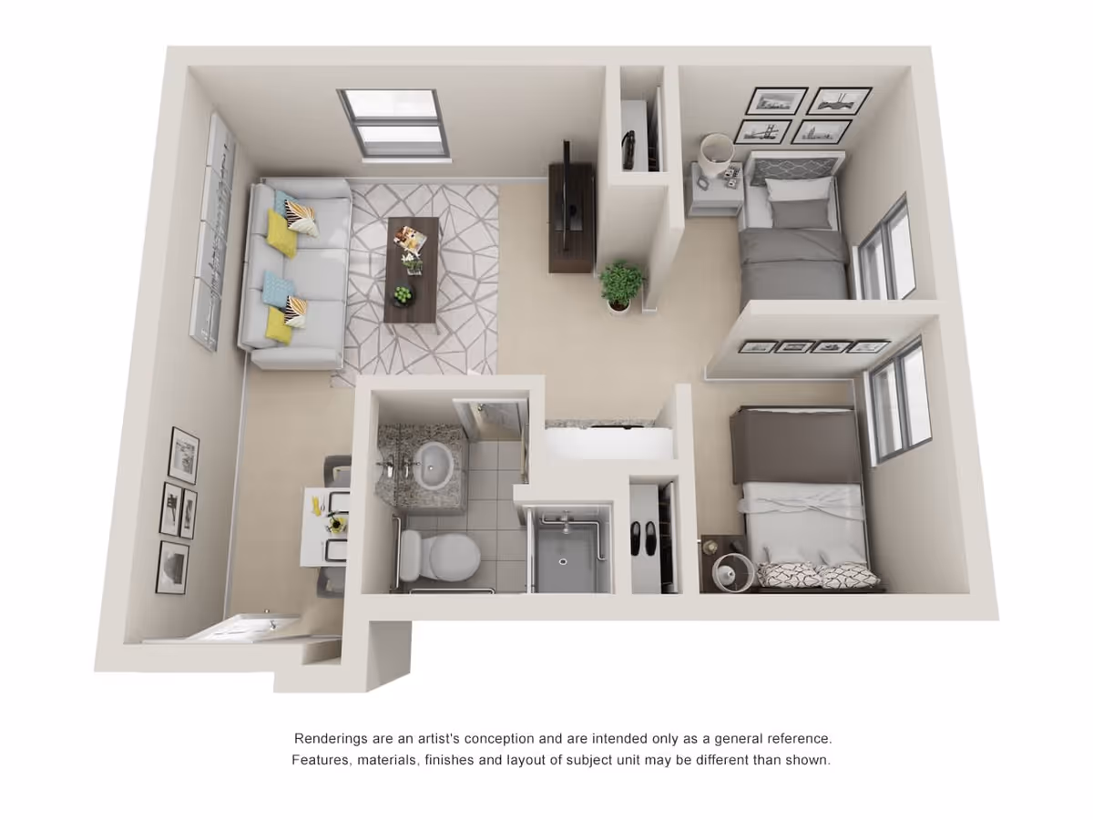 3D floor plan of a small apartment unit featuring a living room with a sofa, coffee table, and TV, a dining area with a table and two chairs, a bathroom with a toilet, sink, and shower, and two bedrooms each with a bed, nightstand, and wall art.