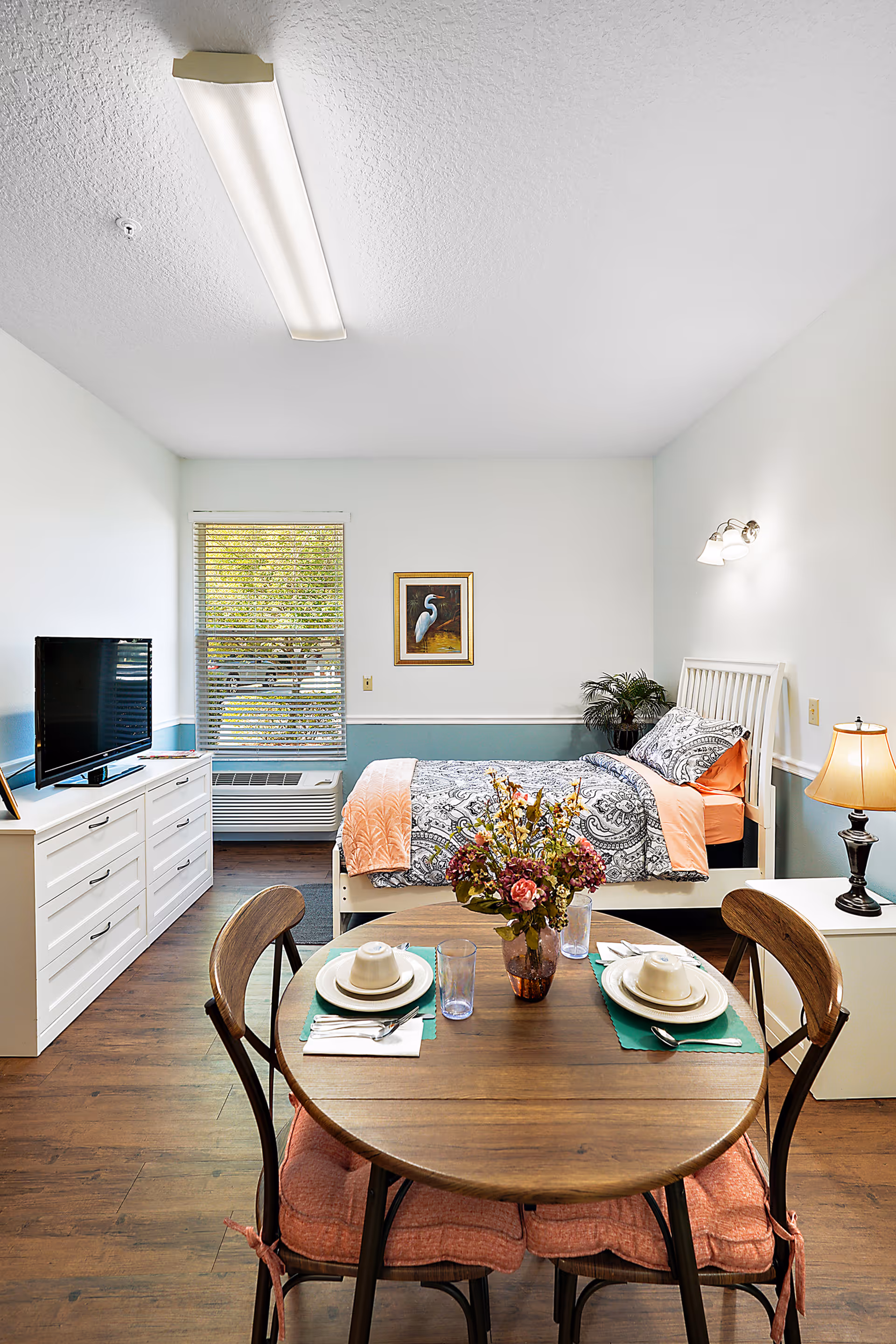 A bright and cozy studio apartment featuring a bed with patterned bedding and a peach throw, a round wooden dining table set for two with plates, cups, and utensils, a white dresser with a flat-screen TV, a window with blinds showing greenery outside, a framed bird picture on the wall, a small potted plant, and a table lamp on a nightstand.