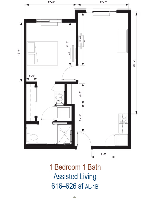 Architectural floor plan of a one-bedroom, one-bath assisted living apartment unit measuring 616-626 square feet. The layout includes a bedroom with a bed, a bathroom with a toilet and shower, a living area with a sofa and TV, and a kitchen area with a sink. Dimensions of rooms and walls are marked.