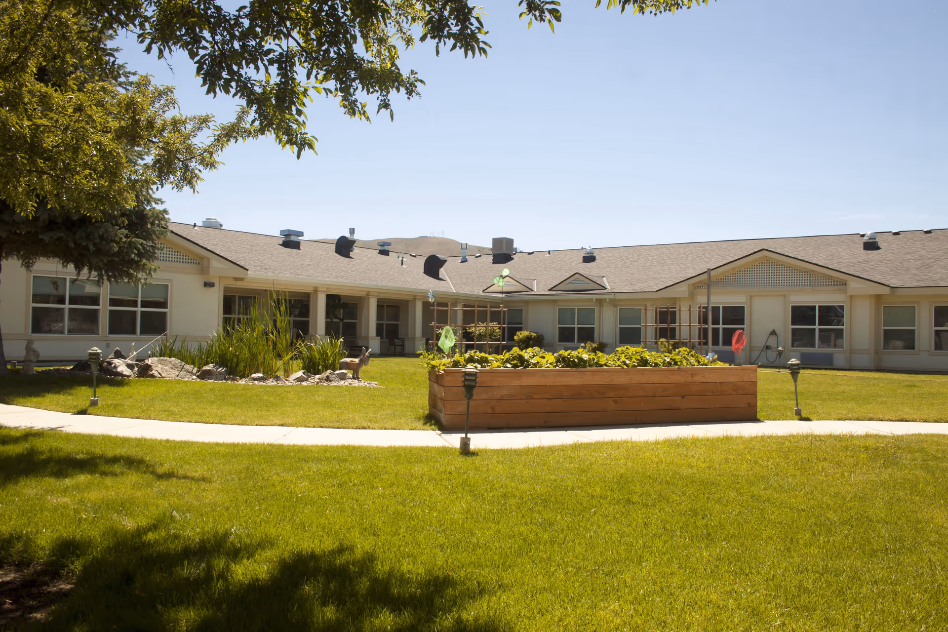 A sunny outdoor courtyard area at Settler's Park Senior Living featuring a raised wooden garden bed filled with plants, surrounded by a well-maintained grassy lawn and a paved walkway. The single-story building with multiple windows and a gray roof encloses the courtyard. Trees and shrubs provide shade and greenery.