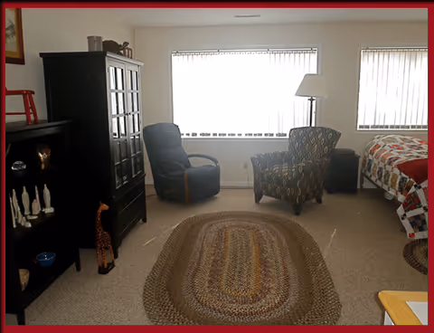 A bright assisted-living room with two armchairs, a braided oval rug, shelving and a partially visible bed under a wide window.
