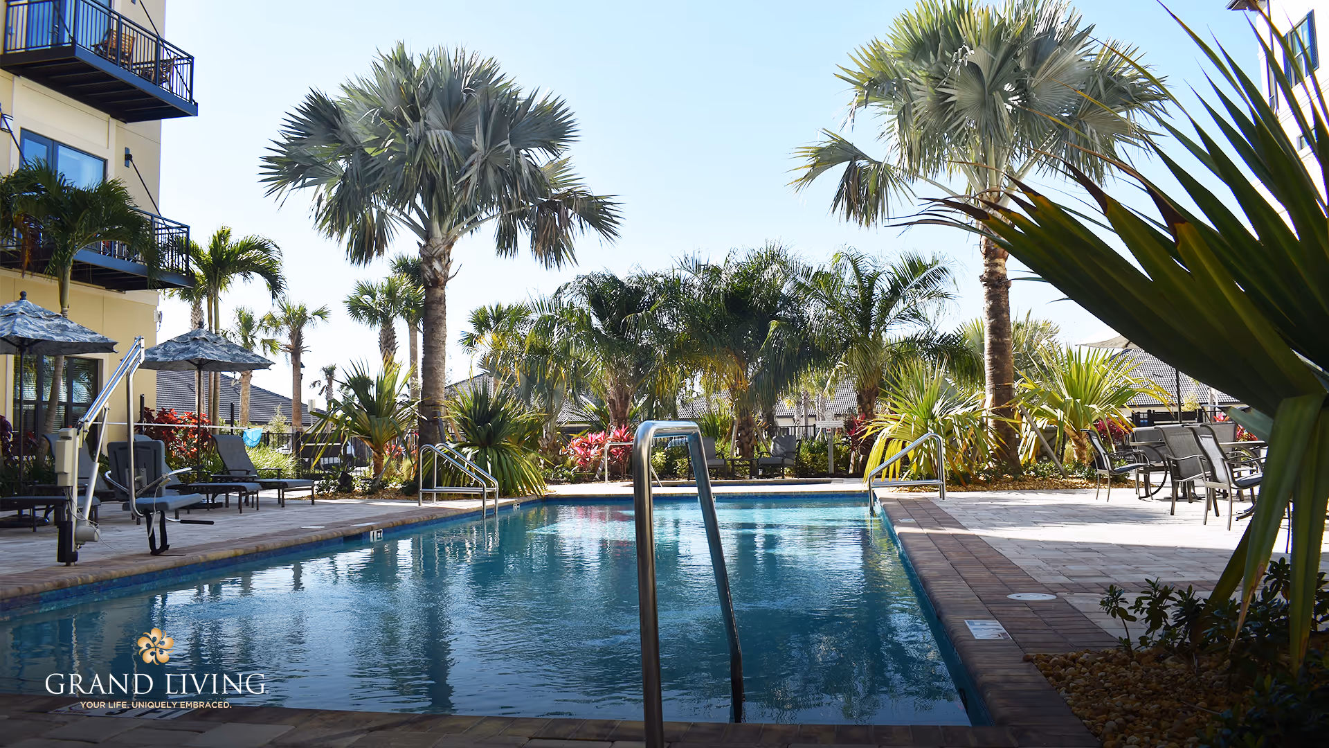 Outdoor swimming pool area at Grand Living at Wellen Park with palm trees, lounge chairs, umbrellas, and a clear blue sky.