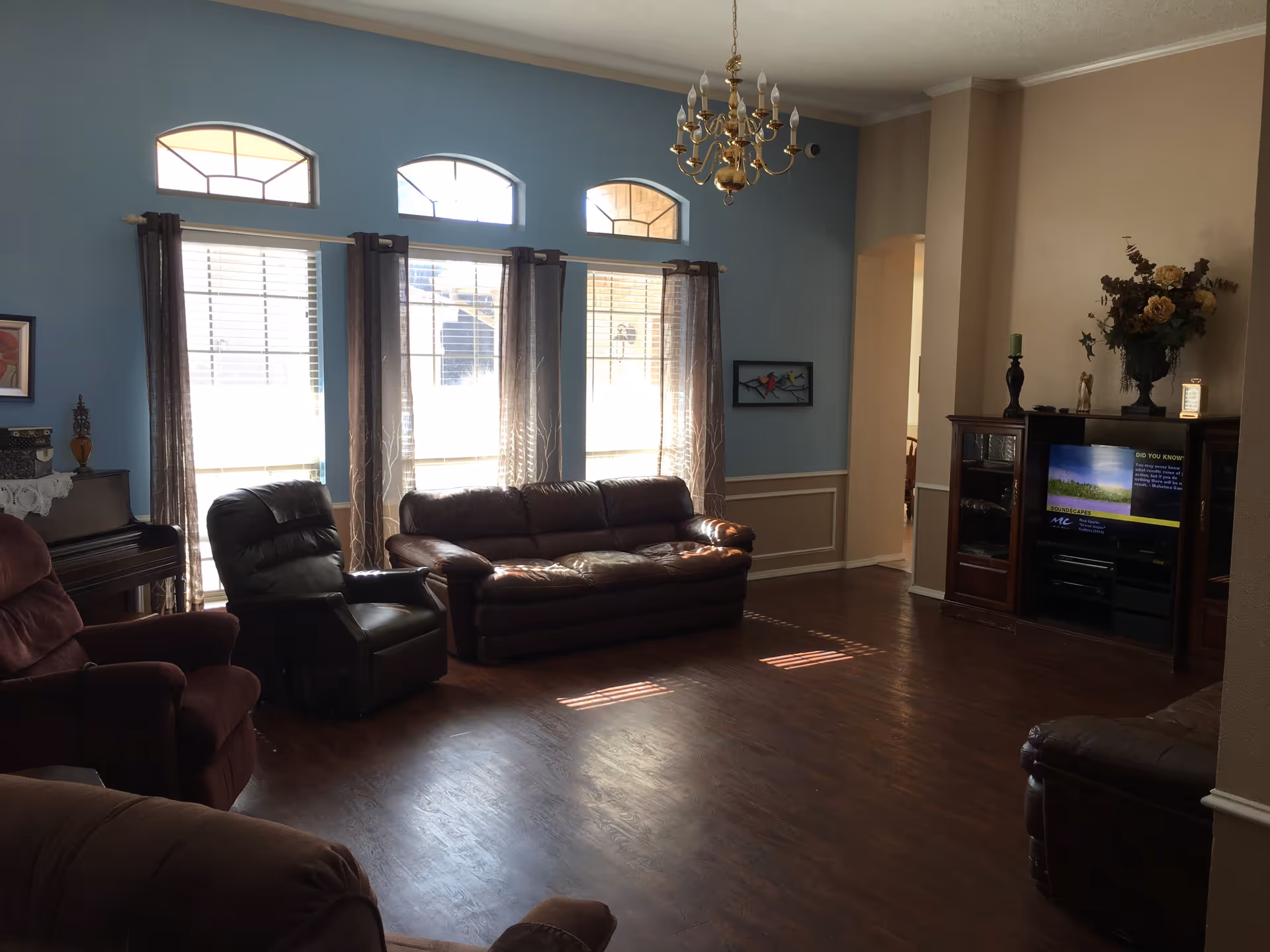 A living room with multiple leather and fabric armchairs and sofas arranged around a wooden floor. The room has a blue accent wall with three tall windows covered by sheer curtains, topped with arched transom windows. A chandelier hangs from the ceiling. On the right side, there is a wooden entertainment center with a television and decorative items including a vase with flowers.