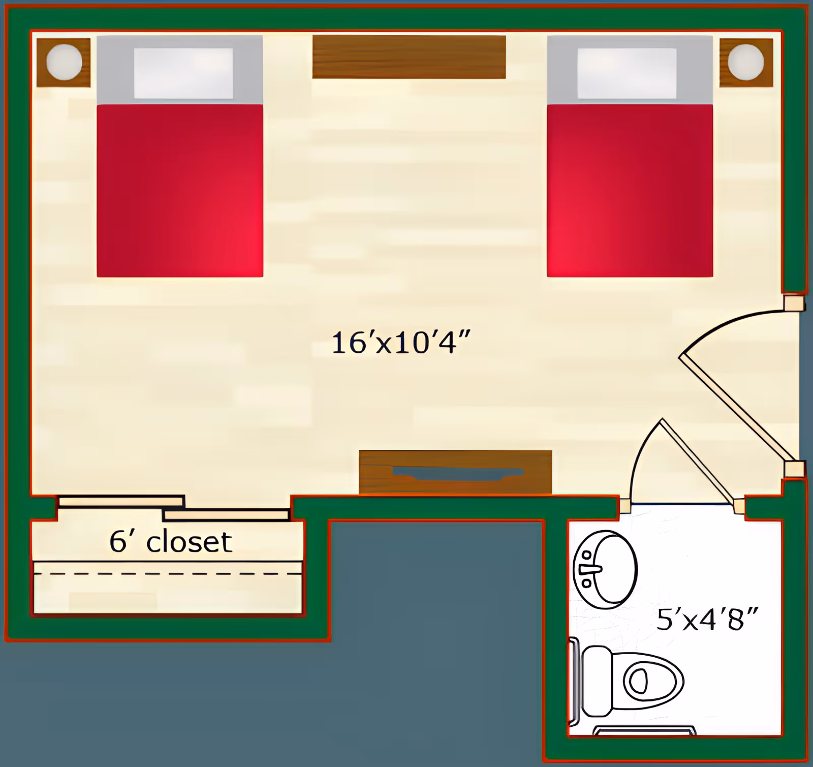 Floor plan of a room with two beds, two nightstands, a 6-foot closet, and a bathroom measuring 5 feet by 4 feet 8 inches. The main room measures 16 feet by 10 feet 4 inches.