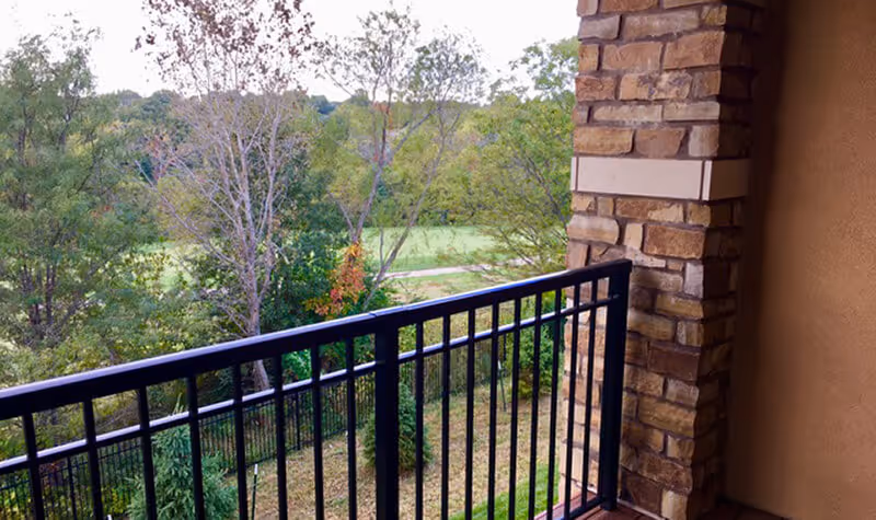 View from a balcony with a black metal railing and a stone pillar, overlooking a green landscape with trees and a grassy area.