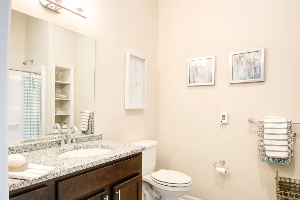 Bright bathroom with a granite countertop vanity and mirror, toilet, towel rack, and a shower with a striped curtain.