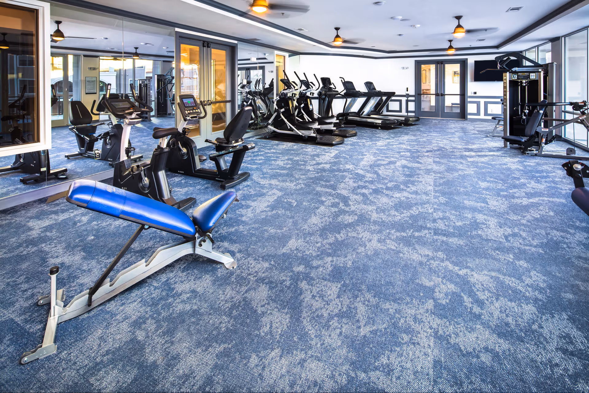 Interior fitness room with treadmills, exercise bikes, weight bench and mirrored wall on blue carpet.