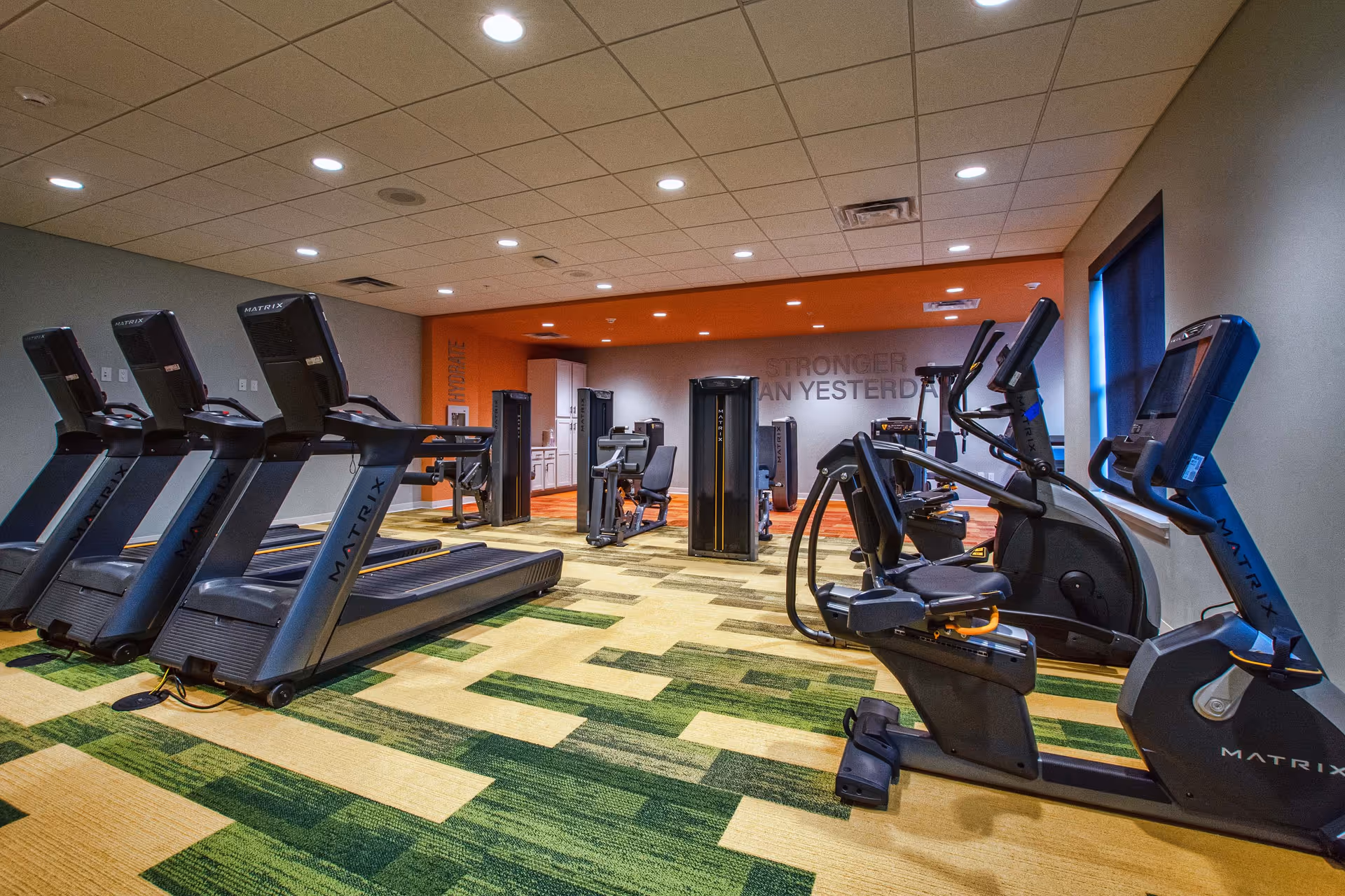 Gym interior with multiple treadmills, stationary bikes, and strength machines on a green-and-yellow patterned carpet.