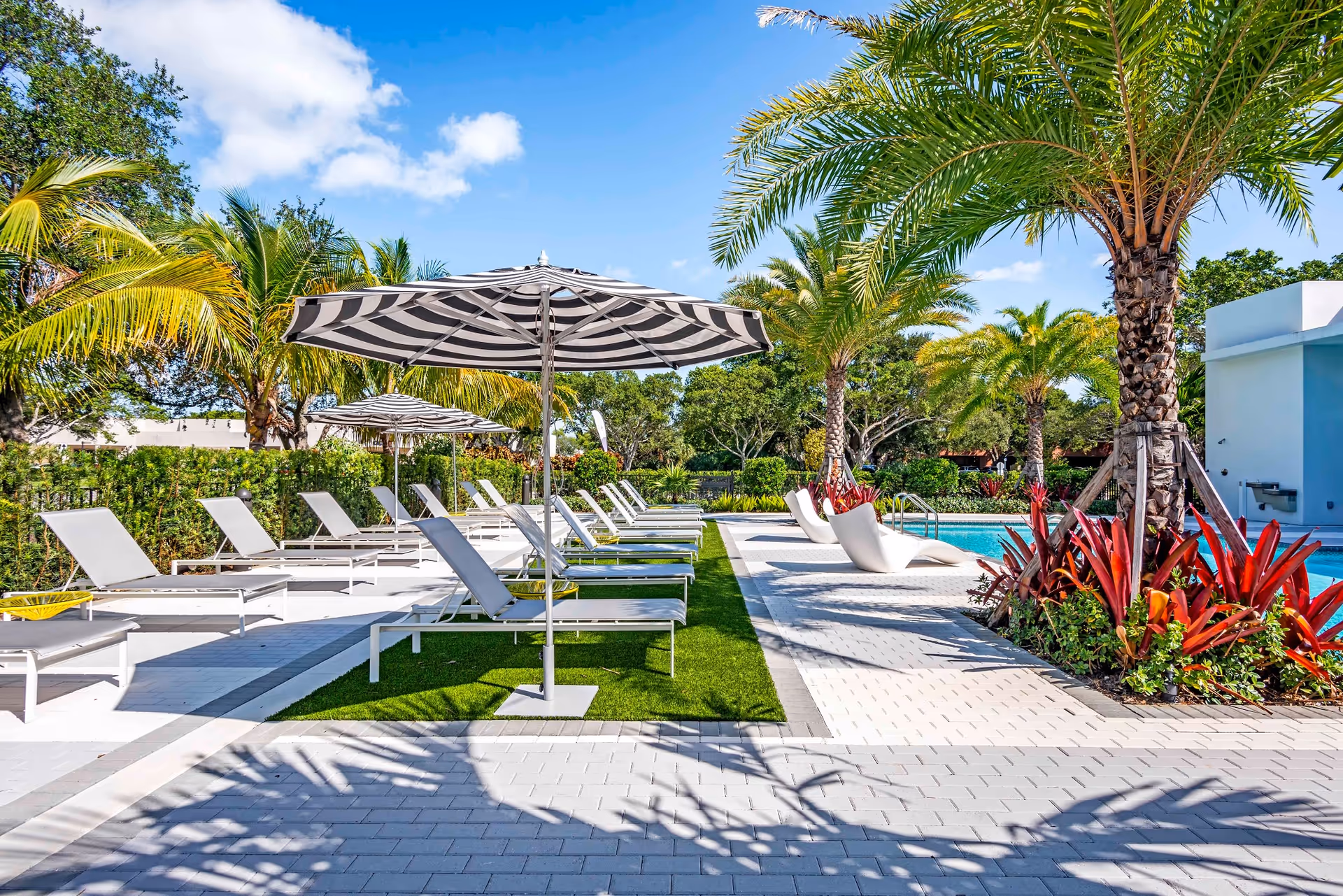 Sunny poolside patio with lounge chairs, striped umbrellas, palm trees and landscaped planters.