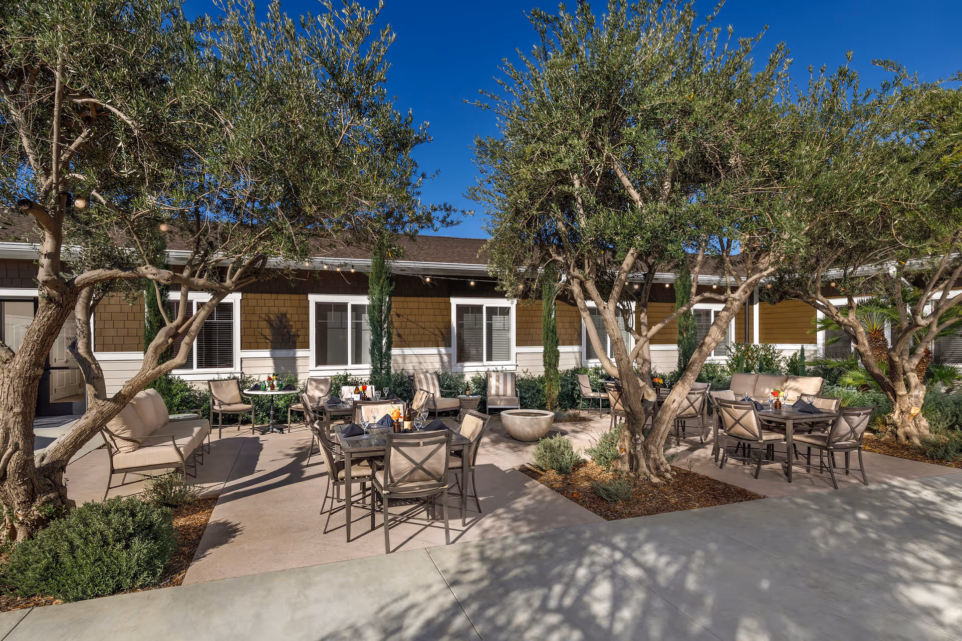 Sunlit courtyard with patio tables, chairs, lounge seating, and trees outside a single-story building.