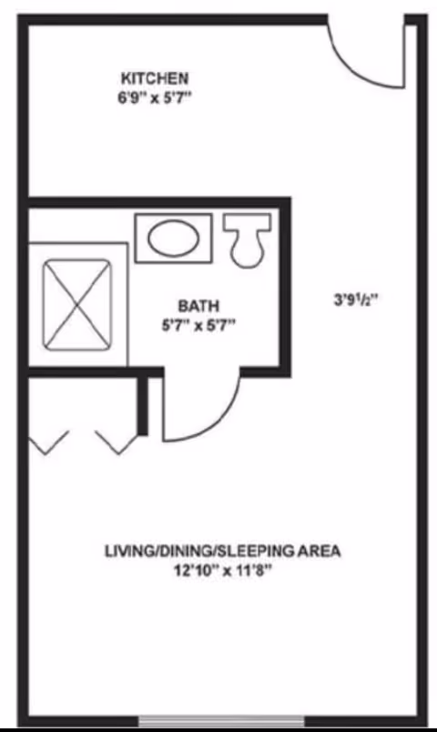 Floor plan of a small living space at Brookdale Castle Gardens showing a kitchen area measuring 6 feet 9 inches by 5 feet 7 inches, a bathroom measuring 5 feet 7 inches by 5 feet 7 inches with a bathtub, sink, and toilet, and a combined living, dining, and sleeping area measuring 12 feet 10 inches by 11 feet 8 inches.