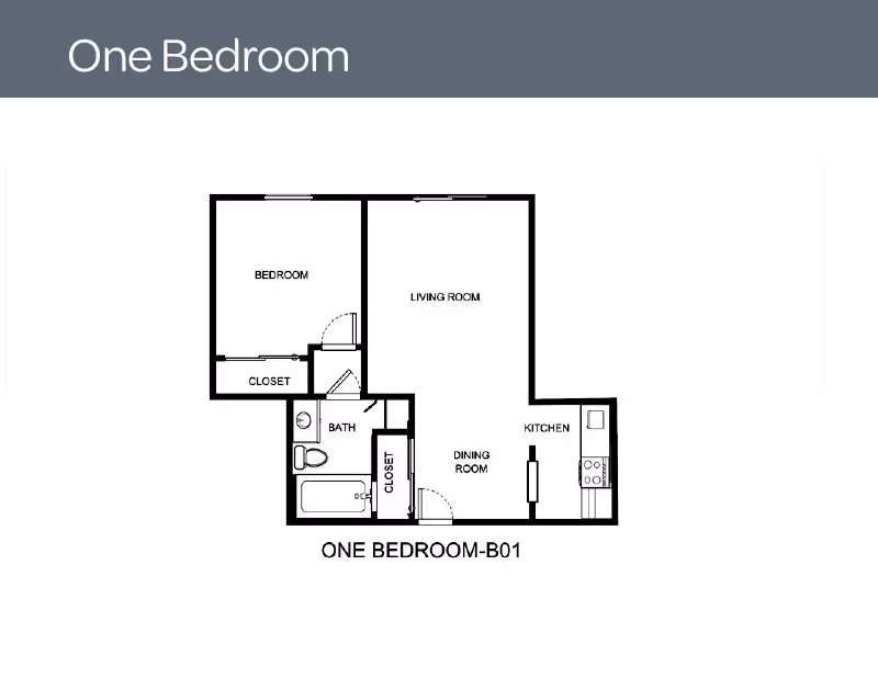 Floor plan layout of a one-bedroom apartment labeled ONE BEDROOM-B01, showing a bedroom with closet, a bathroom, a living room, a dining room, and a kitchen.