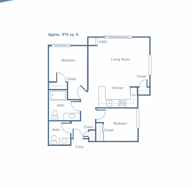 Floor plan of a residential unit approximately 975 square feet, featuring two bedrooms each with closets, two bathrooms, a kitchen, a living room, an entry area, and an HVAC closet.