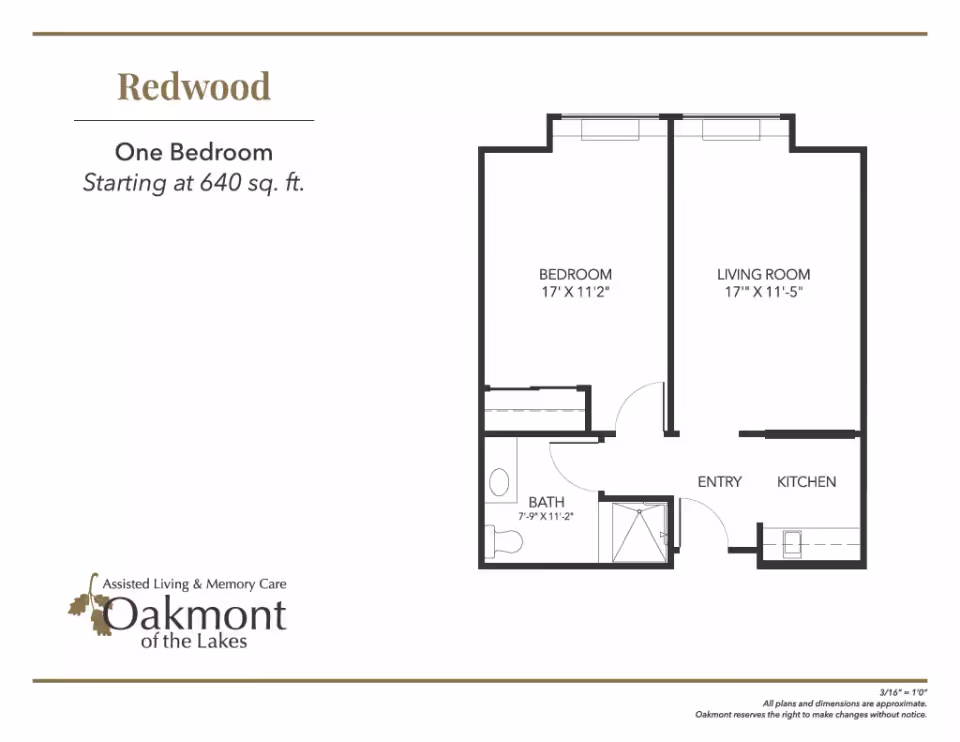 Floor plan titled 'Redwood' showing a one-bedroom layout with bedroom, living room, kitchen, bath, and entry.