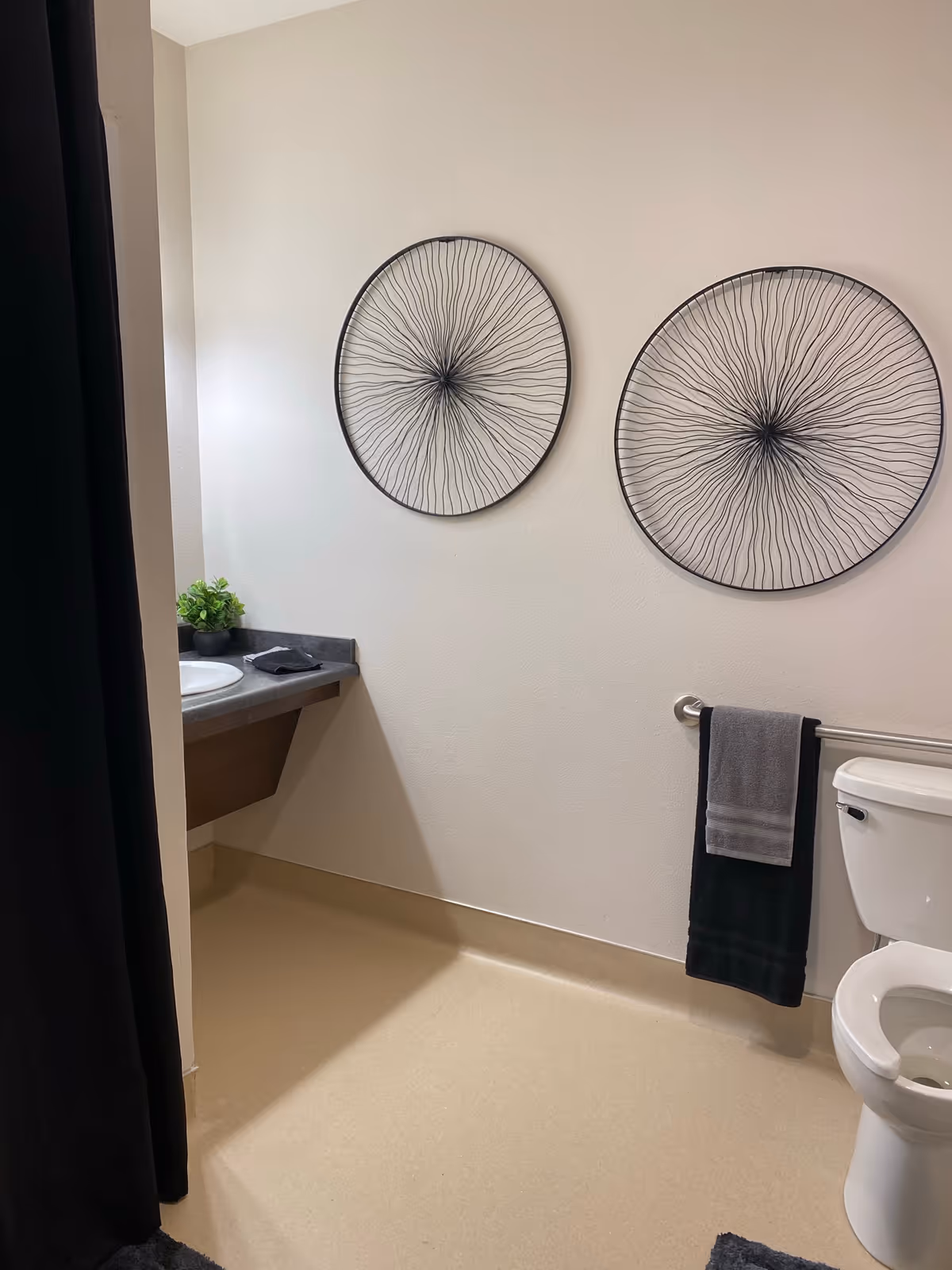 A clean bathroom with a white toilet, a towel rack holding two towels (one gray and one black), a countertop with a sink and a small green plant, and two circular black wire wall decorations on a white wall.