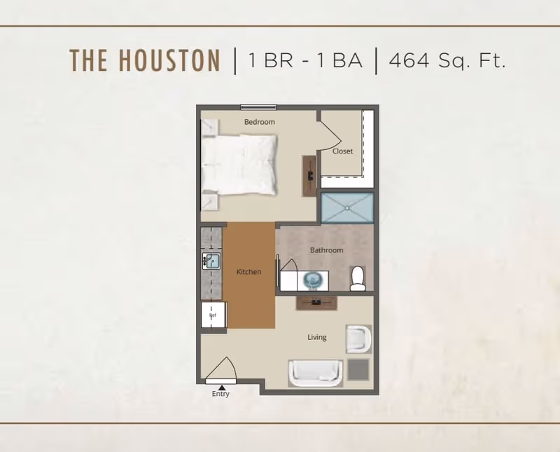 Floor plan of The Houston apartment at The Canopy at Boynton Ridge, showing a 1 bedroom, 1 bathroom layout with 464 square feet. The plan includes a bedroom with a closet, a bathroom, a kitchen, a living area, and an entryway.