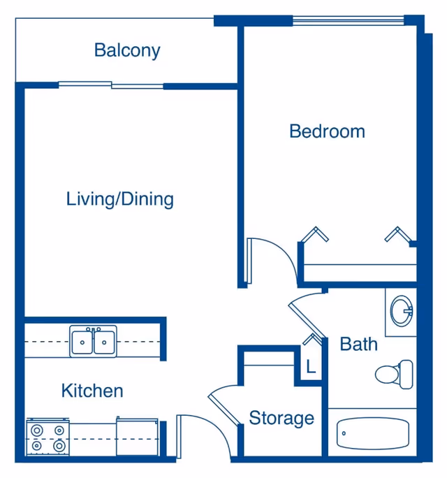 Floor plan of a one-bedroom apartment showing a living/dining area, kitchen, bedroom, bathroom, storage, and balcony.