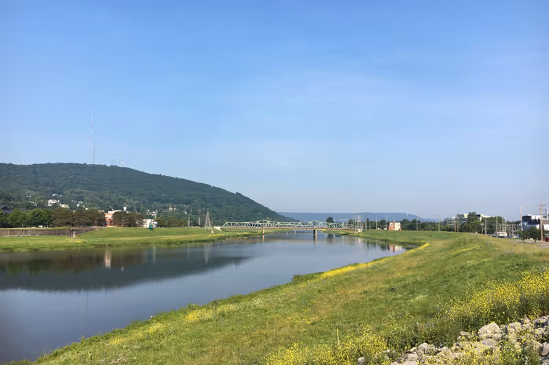 A scenic outdoor view featuring a calm river bordered by grassy banks with yellow wildflowers. In the background, there is a green hill with some buildings and a metal bridge crossing the river under a clear blue sky.