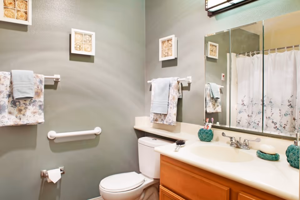 A clean bathroom with a toilet, a white countertop with a sink, a large mirror above the sink, and a shower with a floral curtain. There are two towel racks with towels, a hairbrush on the counter, and decorative items including a soap dish and a toothbrush holder. The walls are painted light green and have framed artwork.