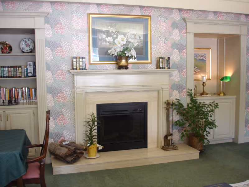 A cozy living room area featuring a beige fireplace with a black insert, flanked by two plants in pots. Above the fireplace is a framed floral painting and a vase with white flowers. To the left, there is a built-in bookshelf filled with books and decorative items. To the right, there is a small alcove with a cabinet, a candle holder, and a green lamp. The walls have a pastel floral patterned wallpaper, and the floor is carpeted in green.