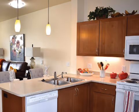 Open-plan kitchen with a central island and sink, wooden cabinets, dishwasher, pendant lights, and a view into the adjacent living area.