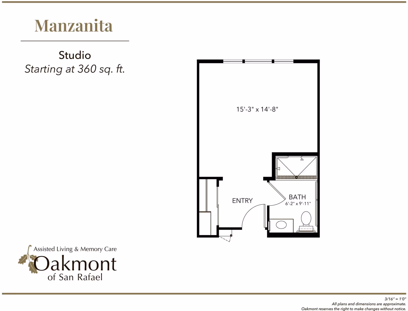 Floor plan of a studio apartment named Manzanita, starting at 360 square feet, showing an entry area, a main living space measuring 15 feet 3 inches by 14 feet 8 inches, and a bathroom measuring 6 feet 2 inches by 9 feet 11 inches. The plan is from Oakmont of San Rafael, an assisted living and memory care facility.