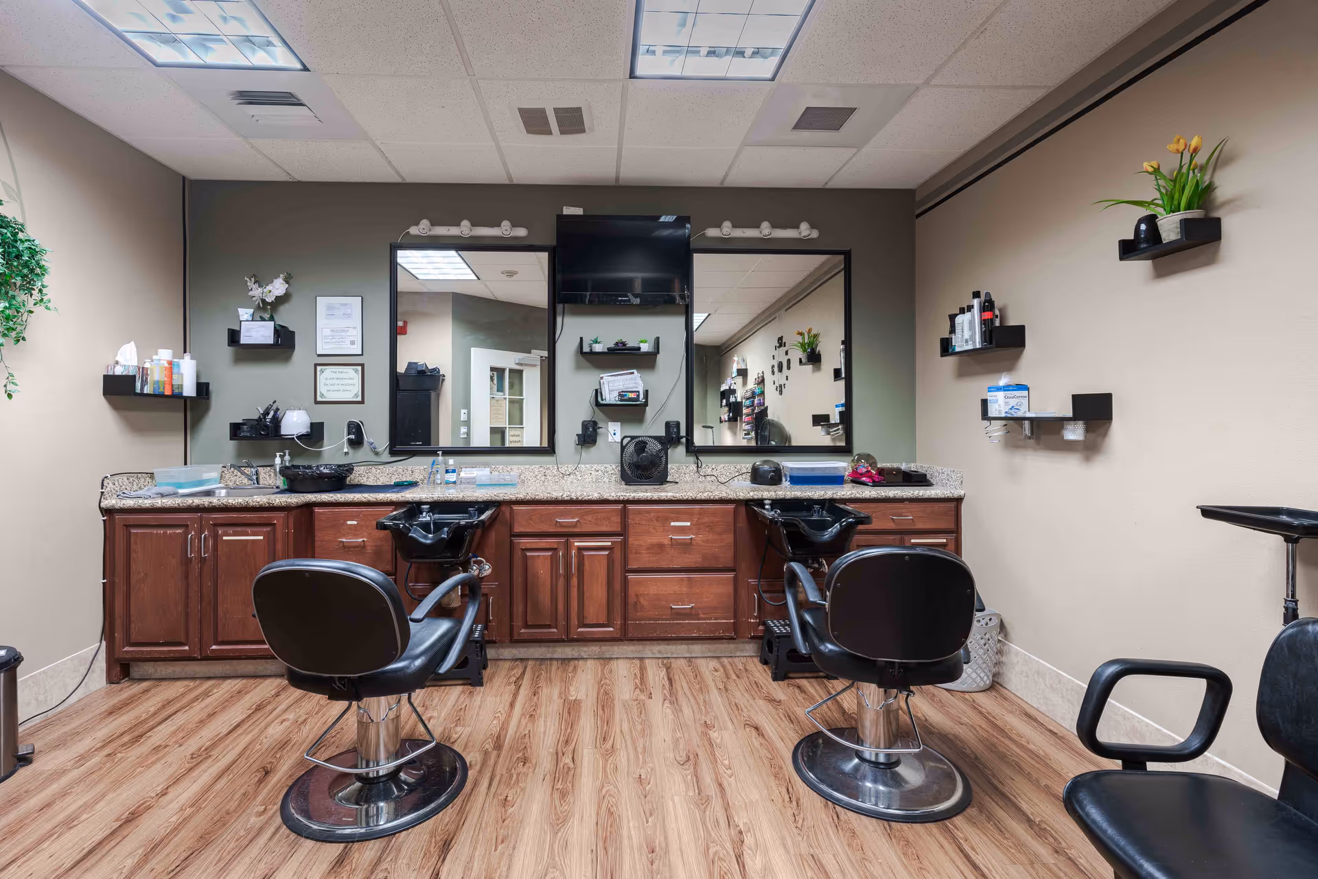 Interior view of a hair salon area in a retirement community with two black salon chairs in front of a countertop with sinks, mirrors, and shelves holding hair care products and plants. The floor is wood and the walls are beige with some decorative plants on shelves.