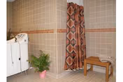 Accessible bathroom with a walk-in tub, patterned shower curtain, small wooden bench, and a potted plant.