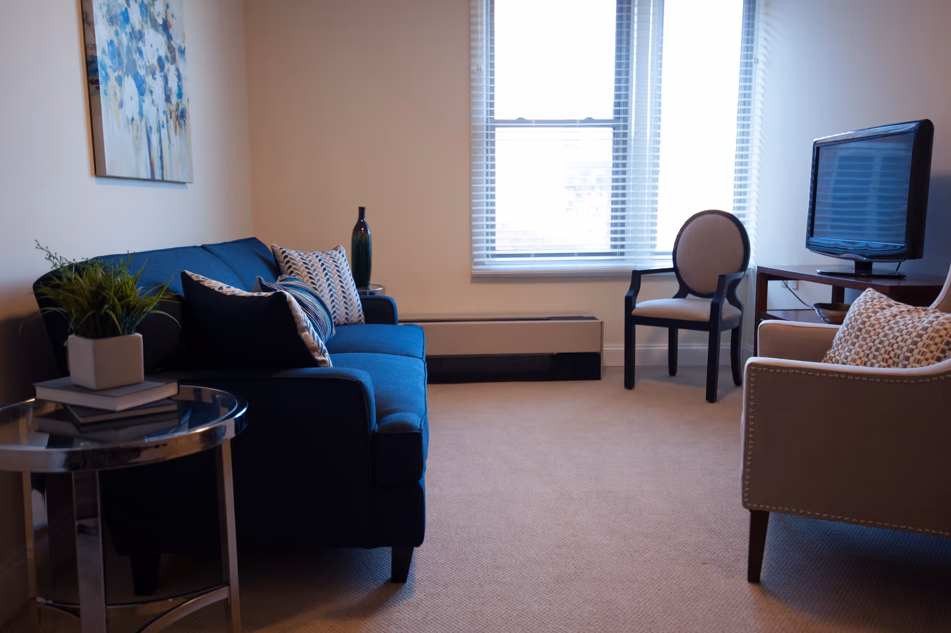 A cozy living room with a blue sofa adorned with patterned pillows, a beige armchair with a matching pillow, a round side table with a plant and books, a wooden chair, a flat-screen TV on a wooden stand, and a window with blinds letting in natural light.