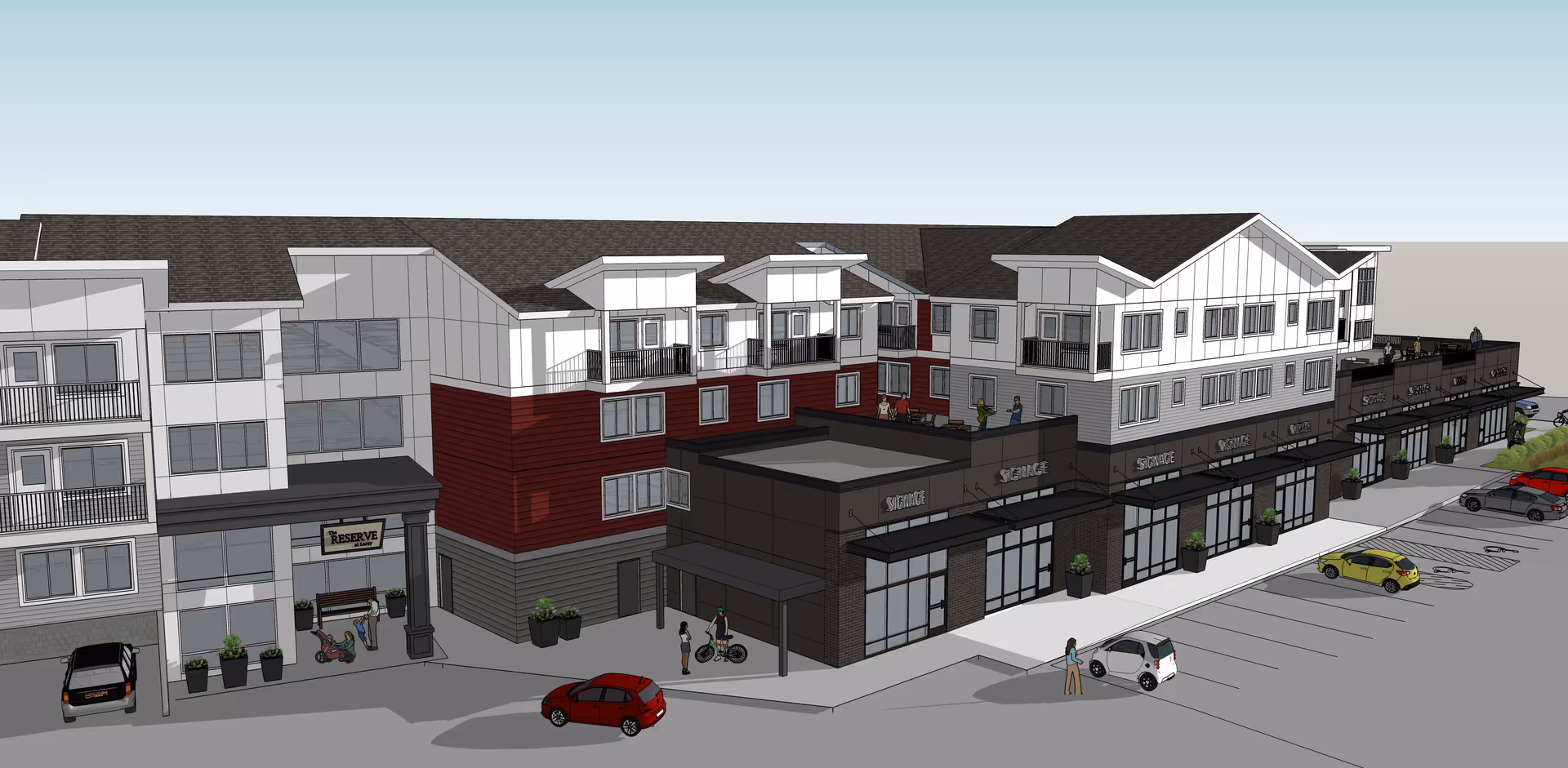 Architectural rendering of a multi-story senior living facility named Reserve at Lacey, featuring a combination of white and red exterior walls, balconies, rooftop terraces, and a parking lot with several cars and people walking and biking nearby.