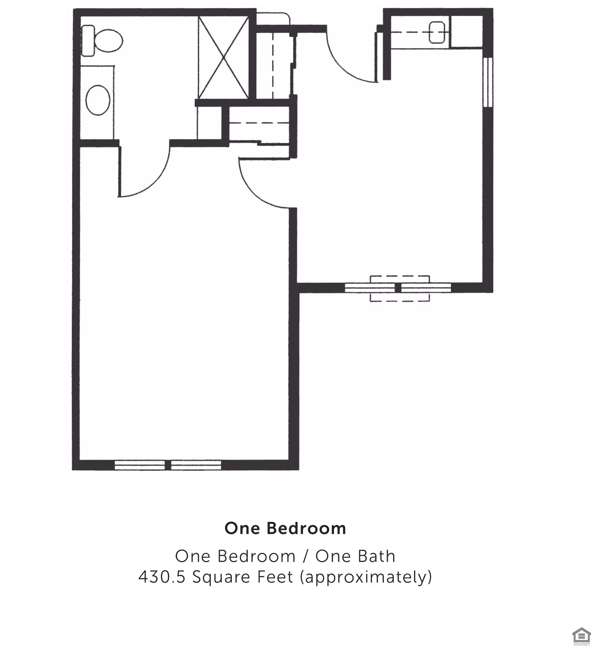 Floor plan of a one-bedroom, one-bath apartment with approximately 430.5 square feet. The layout includes a bedroom, bathroom, kitchen area, and living space.