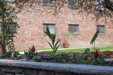 Brick building exterior with a stone-edged garden bed and greenery in foreground