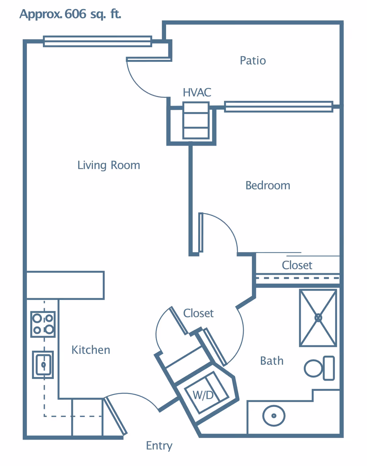Floor plan of a 606 square feet apartment featuring a living room, kitchen, bedroom with closet, bathroom with shower and toilet, entry area with washer/dryer closet, HVAC closet, and a patio.