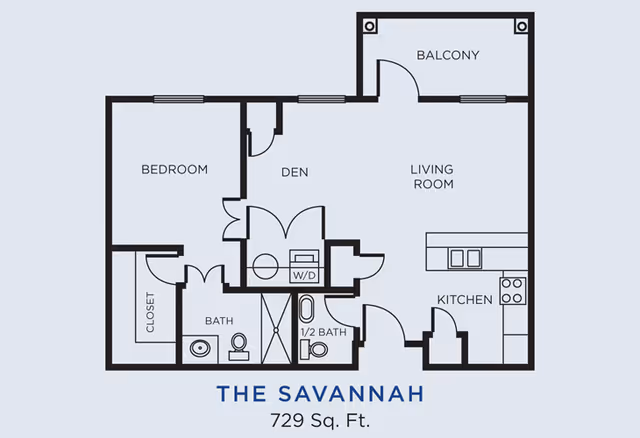 Floor plan of The Savannah apartment at Gardens of Gainesville, showing a layout with one bedroom, a den, a living room, a kitchen, a bathroom, a half bath, a closet, a washer/dryer area, and a balcony. The total area is 729 square feet.