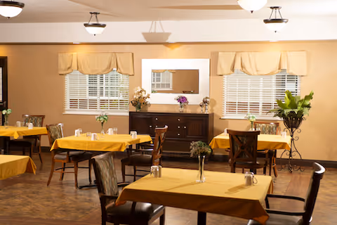 Well-lit dining room with several tables covered in yellow tablecloths, chairs, a sideboard under a mirror, and potted plants.
