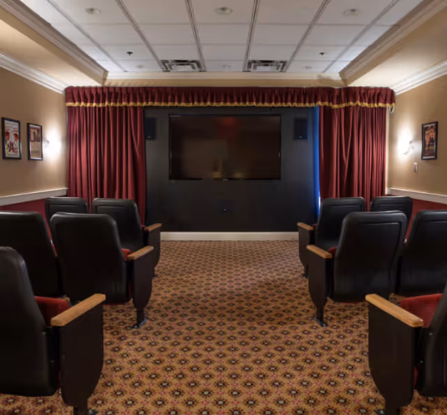 Small theater room with rows of black cushioned seats facing a large flat screen TV mounted on a black wall, flanked by red curtains with gold trim. The room has patterned carpet and beige walls with framed pictures and wall sconces.