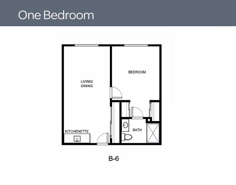 Black-and-white floor plan titled 'One Bedroom' showing a one-bedroom layout with kitchenette, living/dining area, bedroom and bath (B-6).