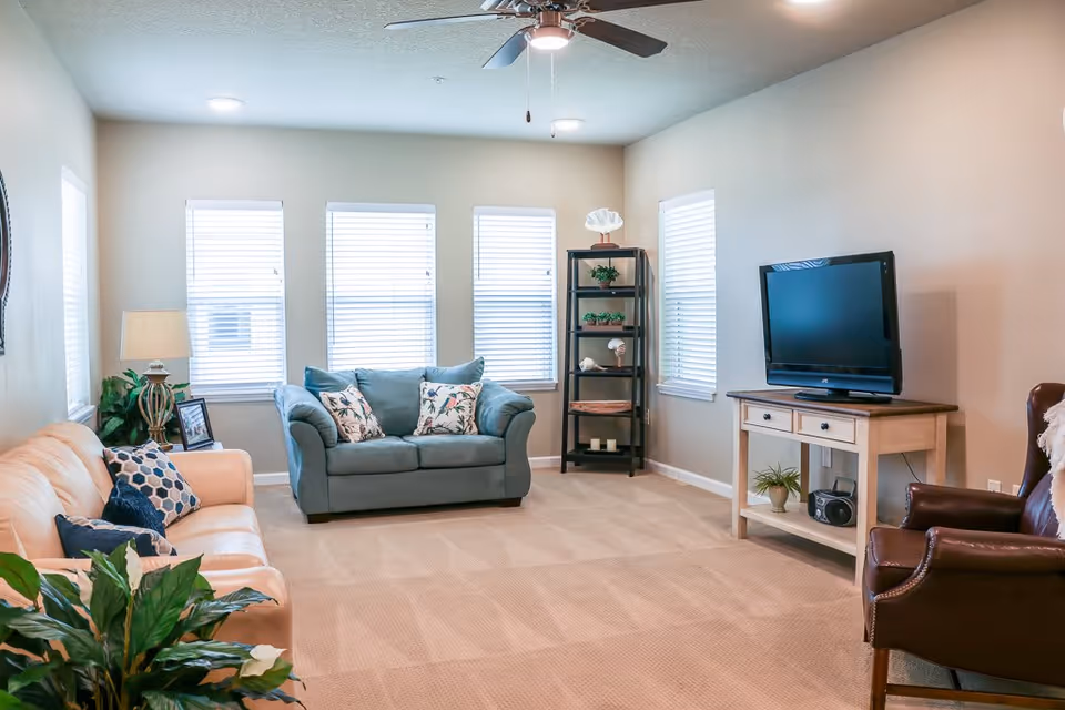 A bright living room with beige carpet and light-colored walls. The room features a beige sofa with patterned pillows on the left, a blue loveseat with floral pillows in the center near three windows with blinds, a dark brown leather armchair on the right, and a wooden TV stand with a flat-screen TV. There is a black shelving unit with decorative items in the corner and a ceiling fan with lights overhead. A table lamp and green plants add to the cozy atmosphere.